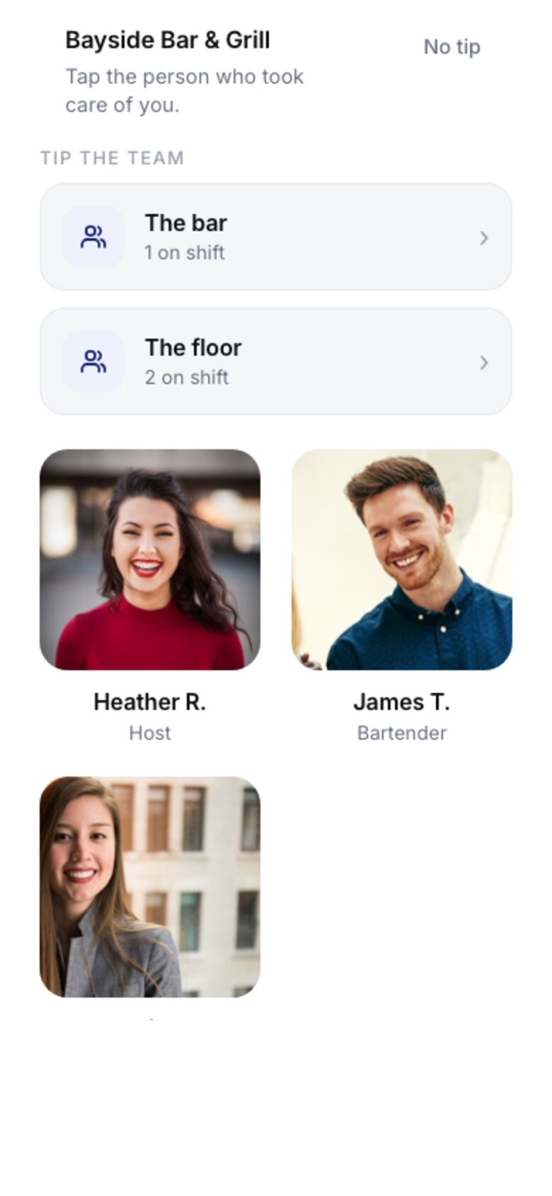 Guest screen showing a grid of staff photos to choose who to tip.
