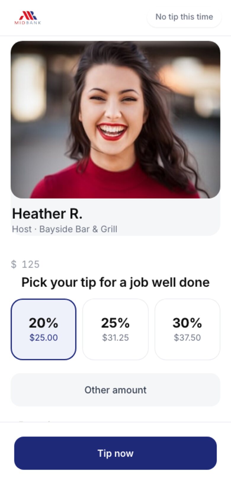 Guest screen offering preset tip amounts with the platform fee and the net to the staff member shown before paying.