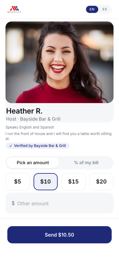 The guest tip screen on a phone: Heather's photo and role, the tip amounts, and the send button — the whole screen at once.
