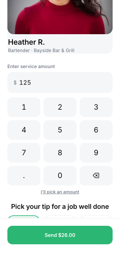 The guest tip screen on a phone, with the service amount entered and the send button showing the tip.